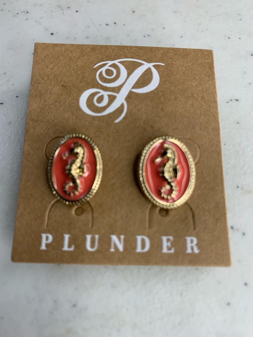 Plunder Coral Oval Seahorse Stud Earrings with Gold Accents. Set of 4